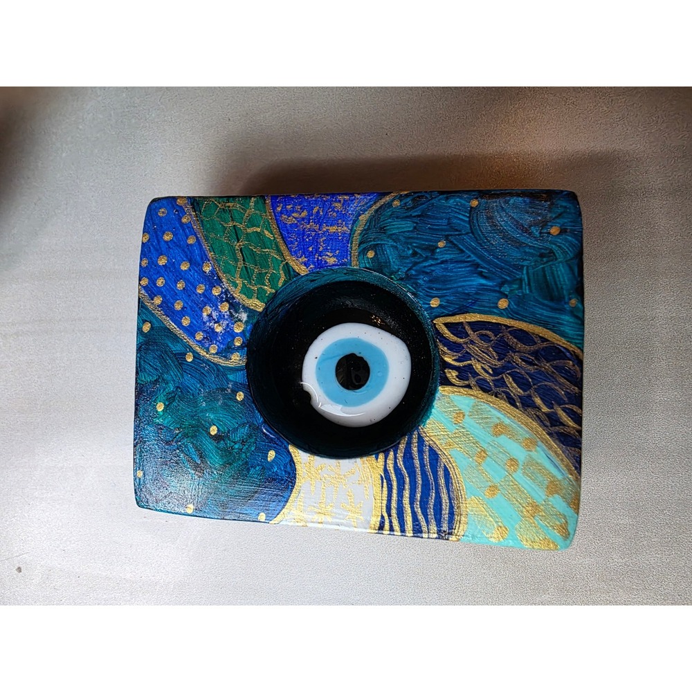 Hand Painted Wooden Evil Eye Nazar Decor Blue Gold Abstract Signed Art Block F1 - Picture 2 of 16